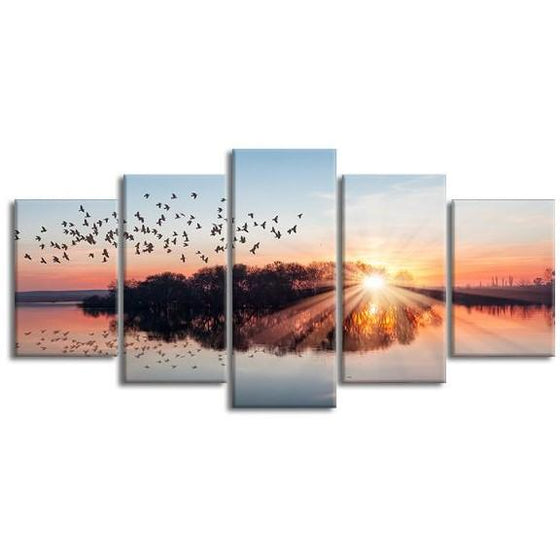Birds Flying At Sunset 5 Panels Canvas Wall Art