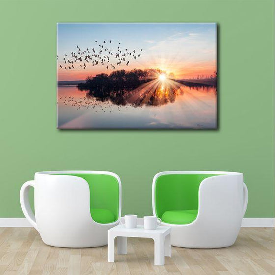 Birds Flying At Sunset Canvas Wall Art Print