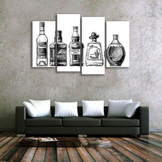 Black & White Liquor 4 Panels Canvas Wall Art Living Room