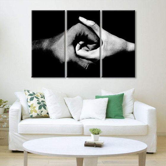Black & White Holding Hands 3-Panel Canvas Wall Art Living Room