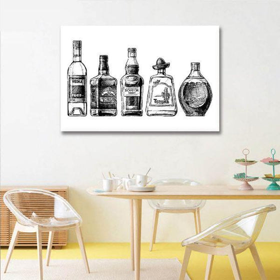 Black & White Liquor Bottles Canvas Wall Art Dining Room
