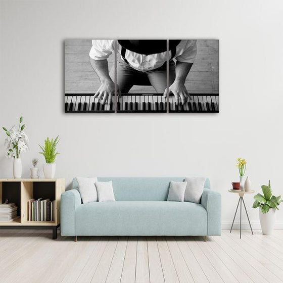 Black & White Piano Player 3 Panels Canvas Wall Art Decor