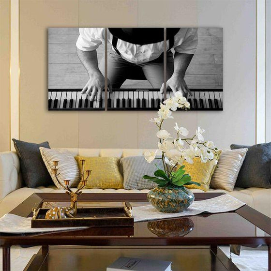 Black & White Piano Player 3 Panels Canvas Wall Art Living Room