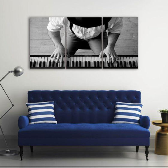 Black & White Piano Player 3 Panels Canvas Wall Art Prints