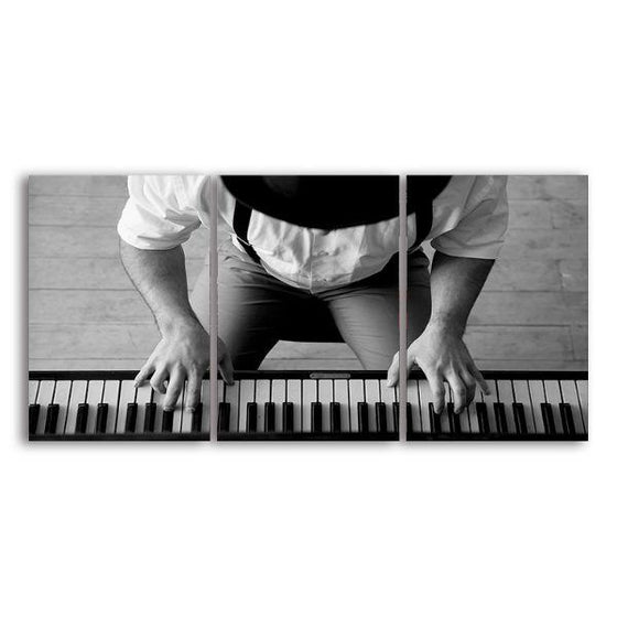 Black & White Piano Player 3 Panels Canvas Wall Art