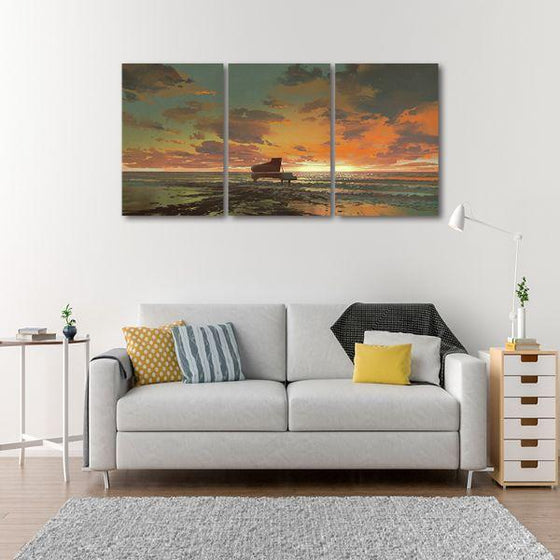 Black Piano At Sunset 3 Panels Canvas Wall Art Print