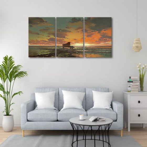 Black Piano At Sunset 3 Panels Canvas Wall Art Set