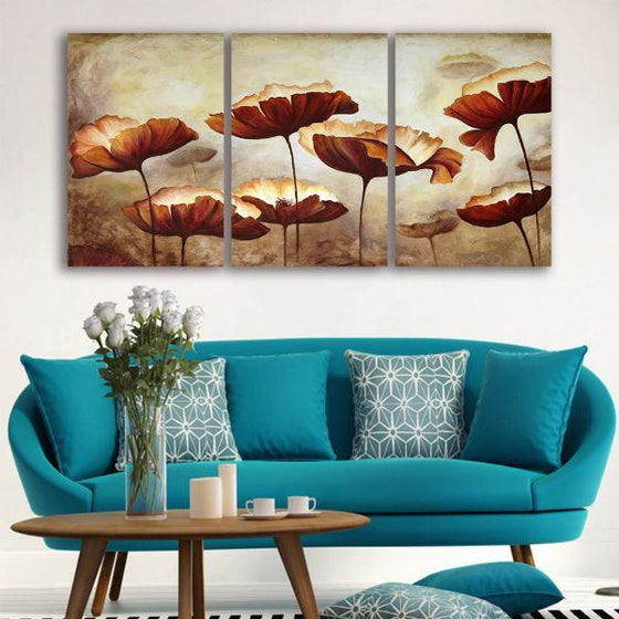 Brown Flowers 3 Panels Canvas Wall Art Decor