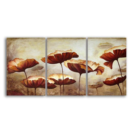 Brown Flowers 3 Panels Canvas Wall Art
