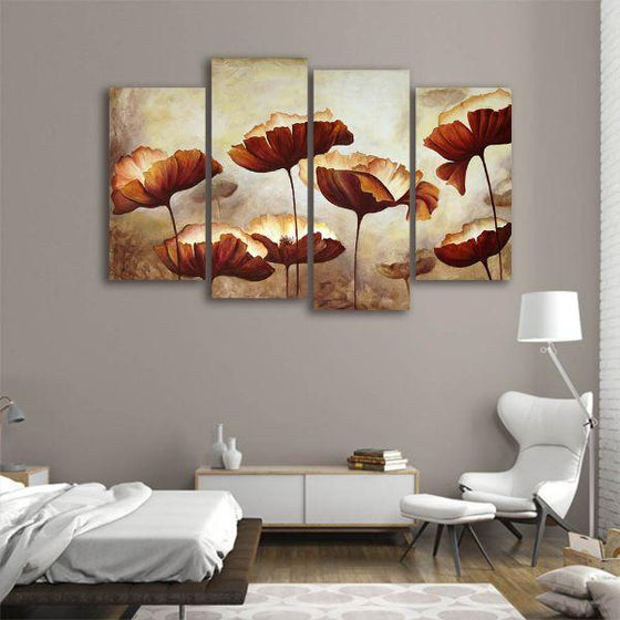Brown Flowers 4 Panels Canvas Wall Art Bedroom