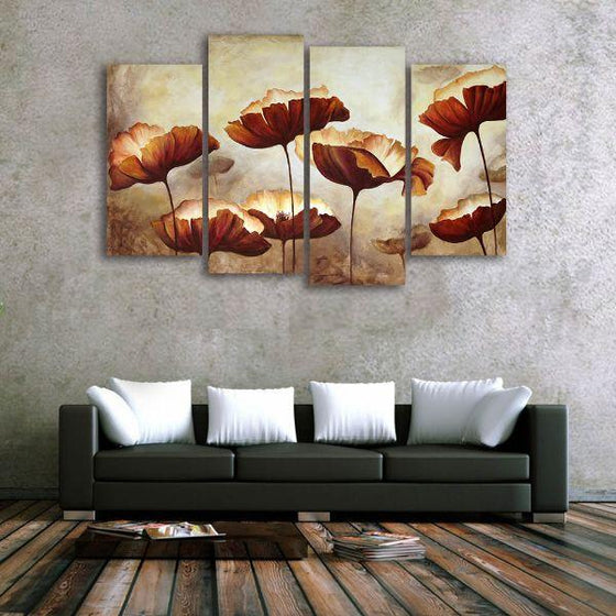 Brown Flowers 4 Panels Canvas Wall Art Living Room