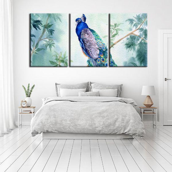 Blue Garden Peacock 3 Panels Canvas Wall Art Bedroom