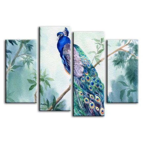 Blue Garden Peacock 4 Panels Canvas Wall Art