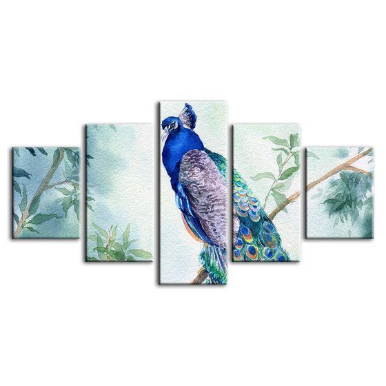 Blue Garden Peacock 5 Panels Canvas Wall Art