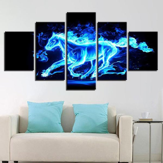 Blue Lighted Horse Wall Art Living Room