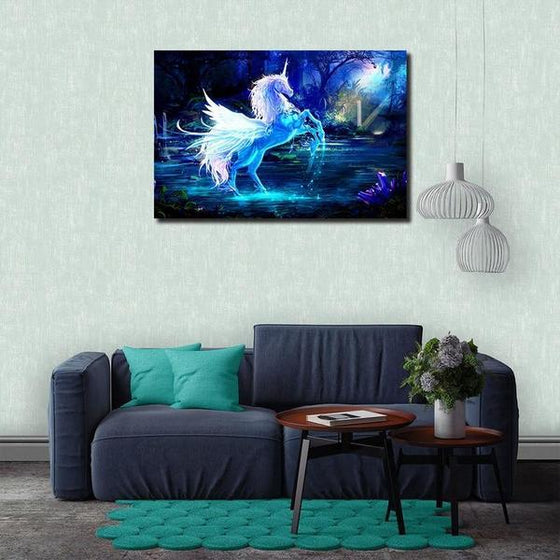 Blue Mystical Unicorn Canvas Wall Art Print