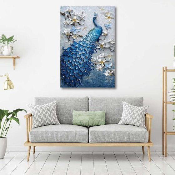 Blue Peacock In A Tree Canvas Wall Art Living Room