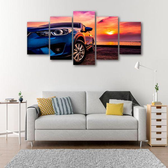 Blue Sedan 5 Panels Car Canvas Wall Art Living Room