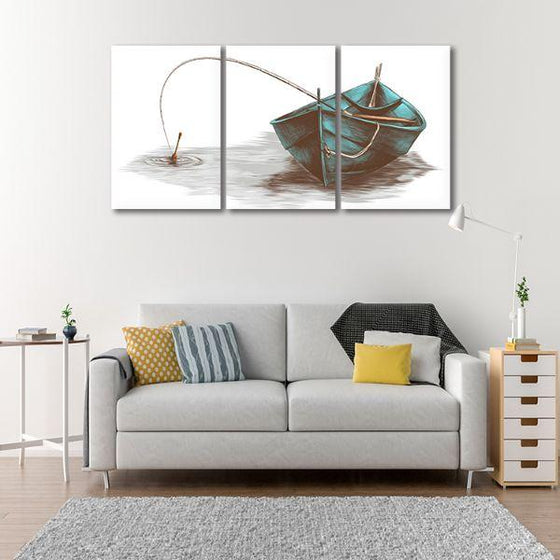 Boat & Fishing Rod 3 Panels Canvas Wall Art Decor