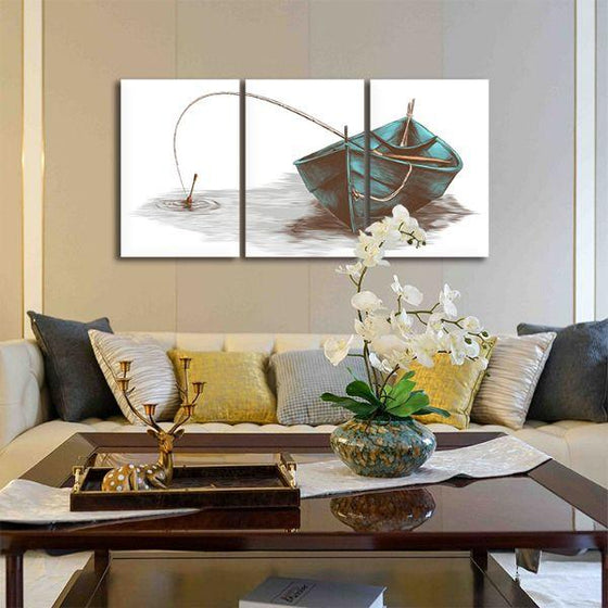 Boat & Fishing Rod 3 Panels Canvas Wall Art Living Room