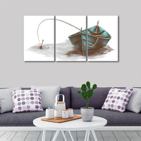 Boat & Fishing Rod 3 Panels Canvas Wall Art Print