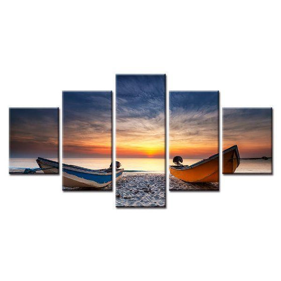 Boats At The Beach Sunset Canvas Wall Art