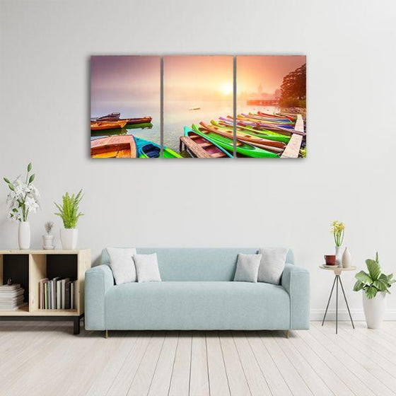 Boats In The River 3 Panels Canvas Wall Art Decor