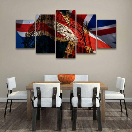 Britain's Flag & Big Ben 5 Panels Canvas Wall Art Dining Room