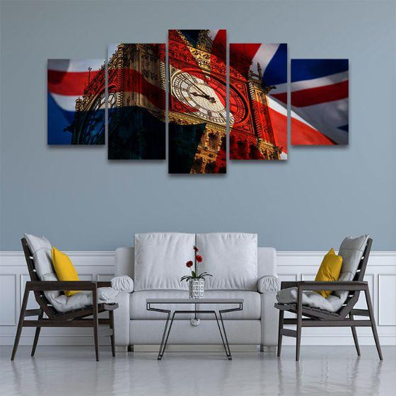 Britain's Flag & Big Ben 5 Panels Canvas Wall Art Living Room