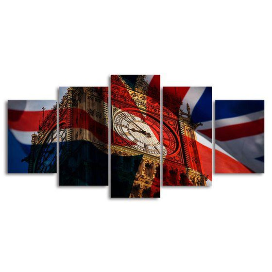 Britain's Flag & Big Ben 5 Panels Canvas Wall Art