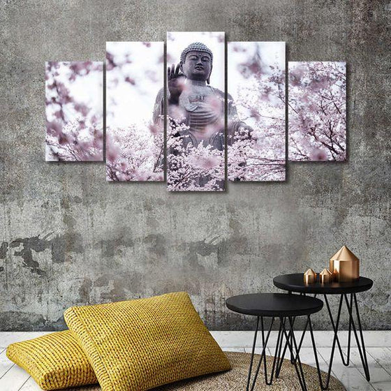 Buddha & Cherry Blossoms 5 Panels Canvas Wall Art Bedroom