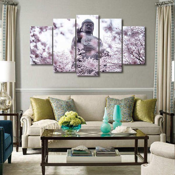 Buddha & Cherry Blossoms 5 Panels Canvas Wall Art Living Room