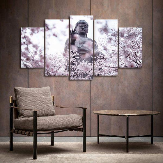 Buddha & Cherry Blossoms 5 Panels Canvas Wall Art Print