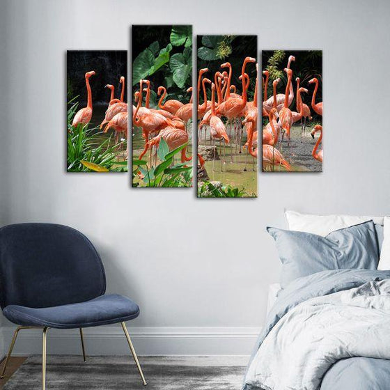 Caribbean Pink Flamingos 4 Panels Canvas Wall Art Bedroom