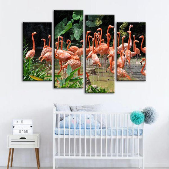 Caribbean Pink Flamingos 4 Panels Canvas Wall Art Nursery