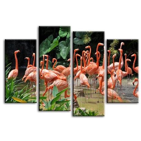Caribbean Pink Flamingos 4 Panels Canvas Wall Art