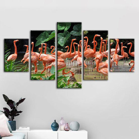 Caribbean Pink Flamingos 5 Panels Canvas Wall Art Set