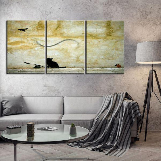 Cat And Mouse By Banksy 3 Panels Canvas Wall Art Living Room