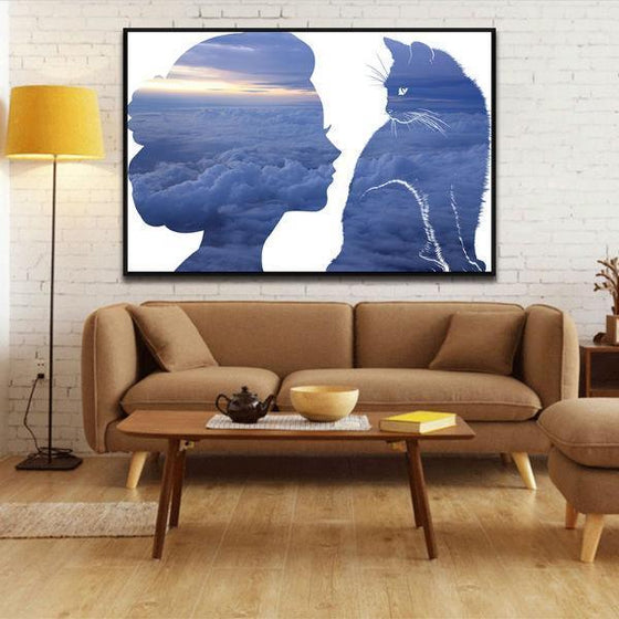 Cat And Woman Silhouette Wall Art Living Room