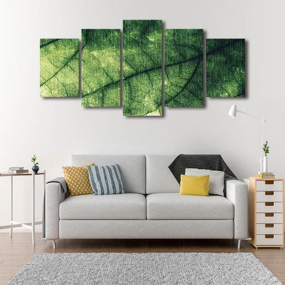 Closeup Green Leaf 5 Panels Canvas Wall Art Living Room