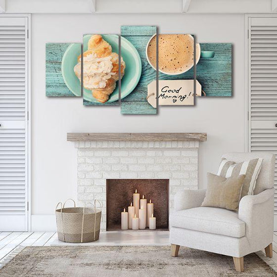 Coffee Cup & Croissant 5 Panels Canvas Wall Art Decor