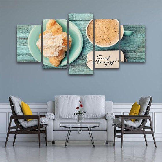 Coffee Cup & Croissant 5 Panels Canvas Wall Art Living Room
