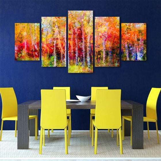 Colorful Autumn Trees 5 Panels Canvas Wall Art Dining Room