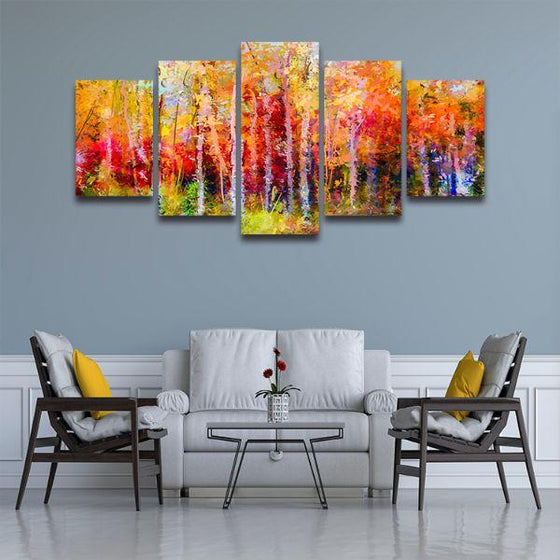 Colorful Autumn Trees 5 Panels Canvas Wall Art Living Room