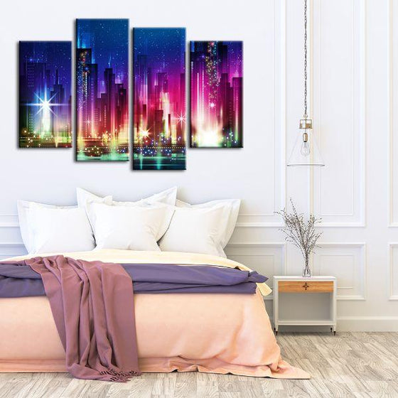 Colorful City Night Lights 4-Panel Canvas Wall Art Set