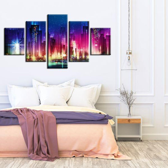 Colorful City Night Lights 5-Panel Canvas Wall Art Bedroom