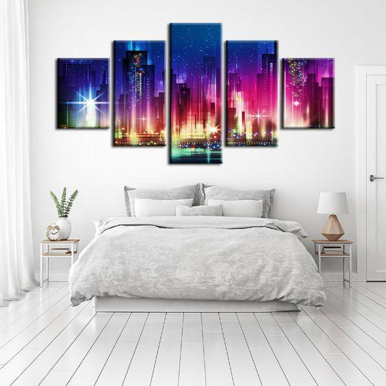 Colorful City Night Lights 5-Panel Canvas Wall Art Set