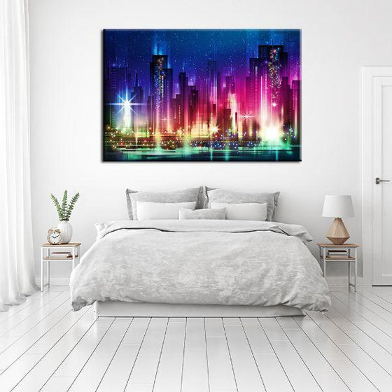 Colorful City Night Lights Canvas Wall Art Bedroom