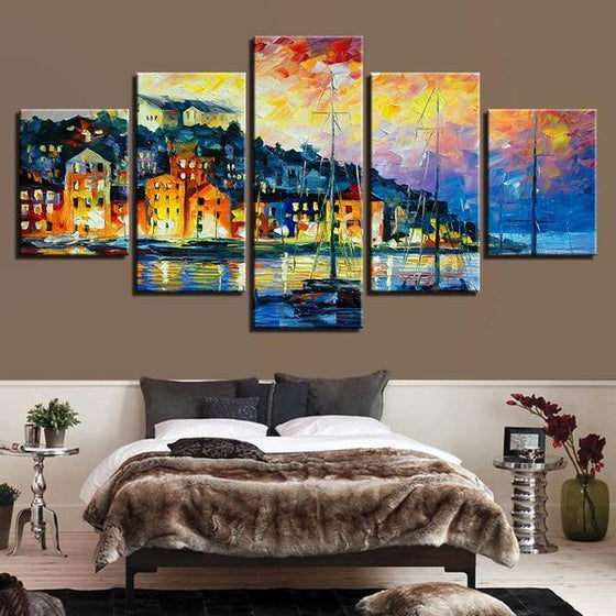 Colorful City & Sailing Boat Canvas Wall Art Dining Room