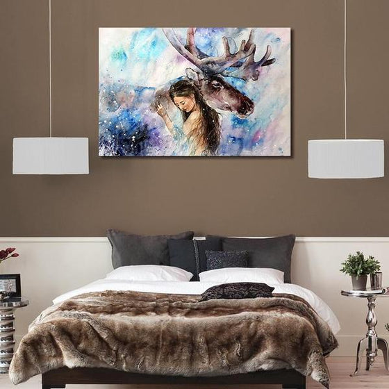 Colorful Elk With A Woman Canvas Wall Art Bedroom